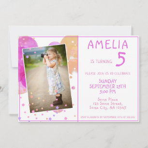 Cute Pink Bubbles Girly Kid`s Photo Birthday Invitation