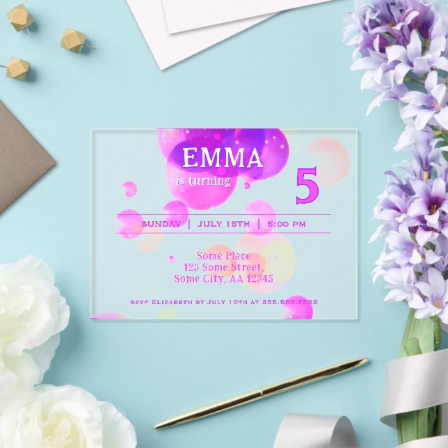 Cute Pink Bubbles Kids Birthday Party Acrylic Invitations (Insitu (Wedding))