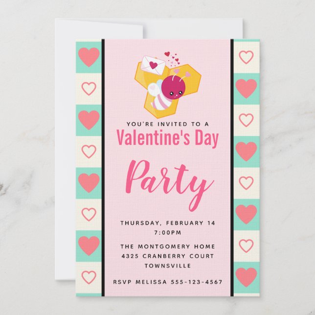 Cute Pink Bumble Bee Valentine's Party Invitation (Front)