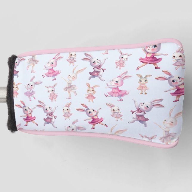 Cute Pink Bunnies Dancing Pattern Golf Head Cover (Front)