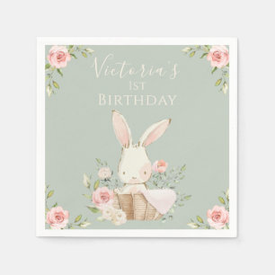 Cute Pink Bunny 1 One First Birthday Green Napkin