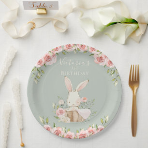 Cute Pink Bunny 1 One First Green Birthday  Paper Plate