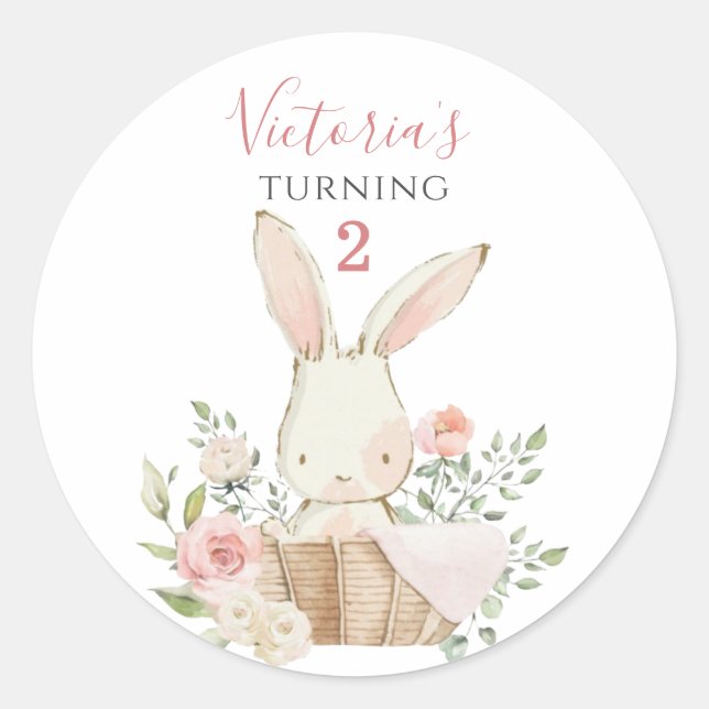 Cute Pink Bunny 2 Two Birthday Classic Round Sticker (Front)