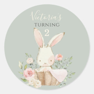 Cute Pink Bunny 2 Two Birthday Green Classic Round Sticker