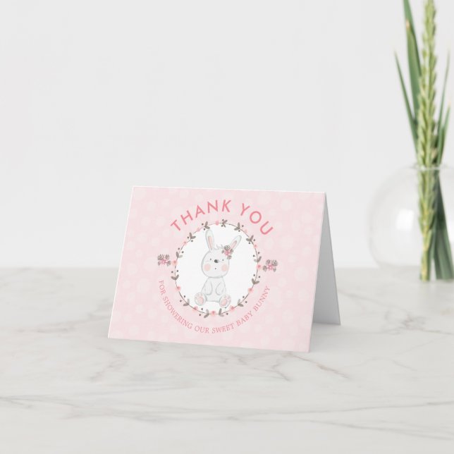 Cute Pink Bunny Baby Shower Thank You Photo Note Card (Front)