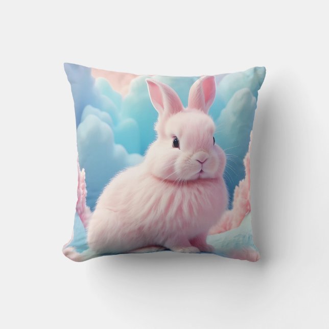 Cute Pink Bunny Cotton Candy Clouds Throw Pillow (Front)