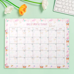 Cute Pink Bunny Floral Pattern Monthly Planner Notepad
