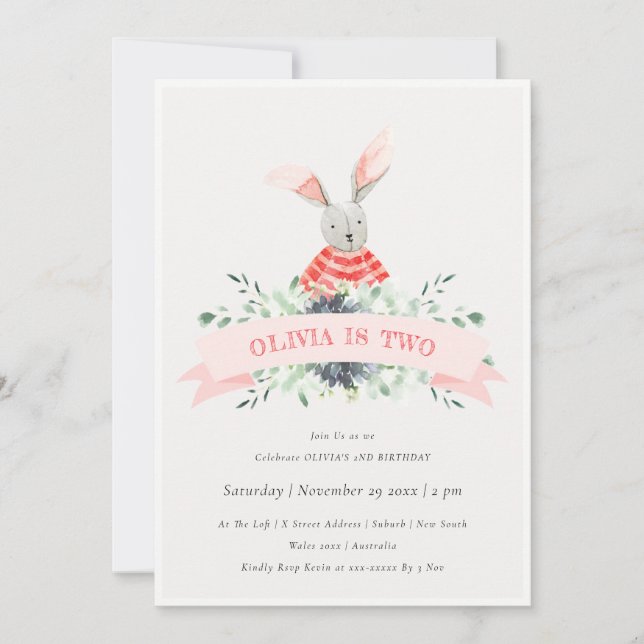 Cute Pink Bunny Foliage Any Age Birthday Invite (Front)