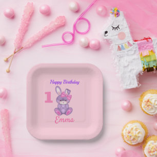 Cute Pink Bunny Girls Personalize Birthday Paper Plate