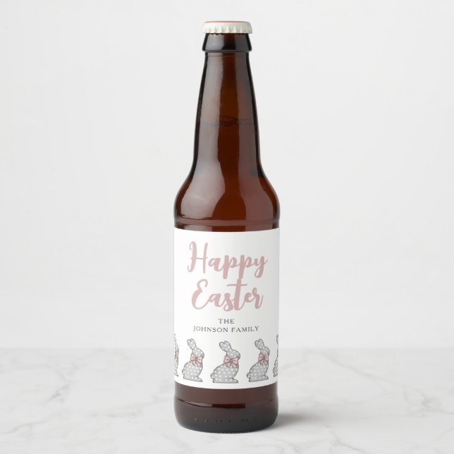 Cute Pink Bunny Happy Easter Beer Bottle Label (Front)