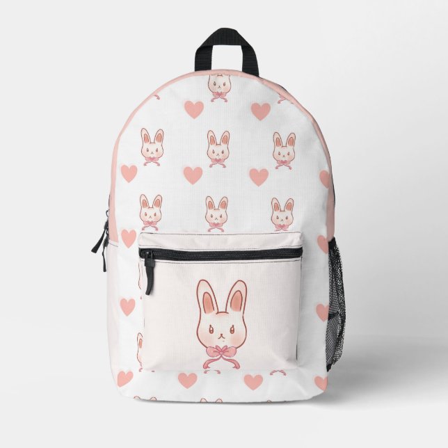 Cute Pink Bunny & Hearts Pattern Backpack (Front)