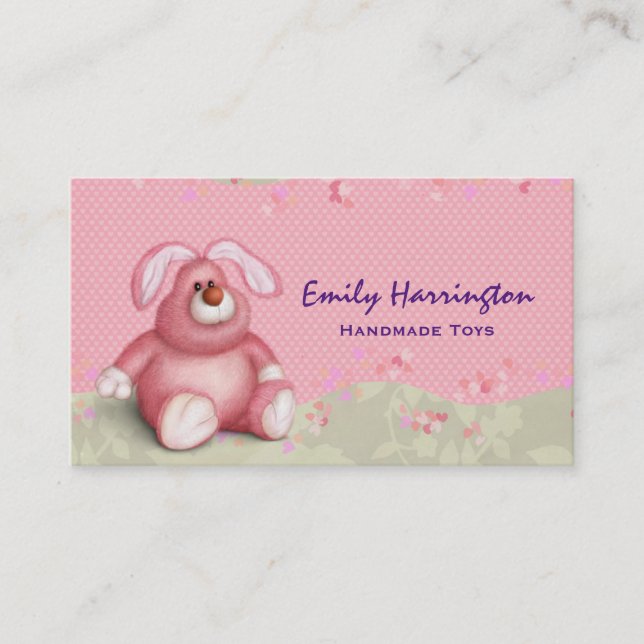 Cute Pink Bunny Image with Hearts and Foliage Business Card (Front)
