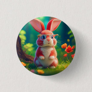 Cute Pink Bunny on Green Grass 1 Inch Round Button