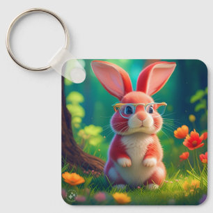 Cute Pink Bunny on Green Grass Keychain