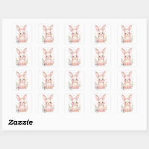 Cute Pink Bunny Party Theme Pastel Floral Square Sticker