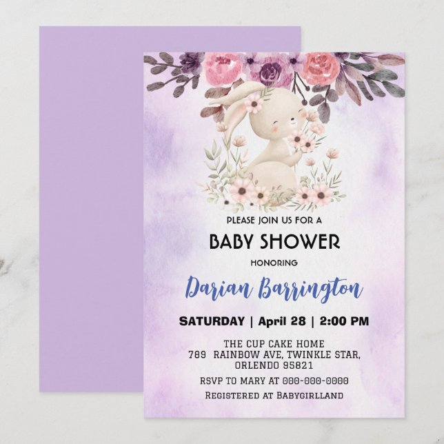 Cute pink bunny rabbit flower baby girl shower invitation (Front/Back)