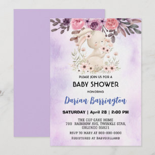 Cute pink bunny rabbit flower baby girl shower invitation