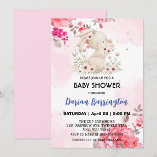 Cute pink bunny rabbit flower baby girl shower invitation