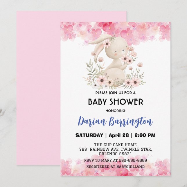 Cute pink bunny rabbit flowers baby girl shower invitation (Front/Back)