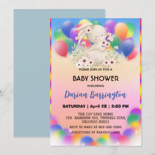 Cute pink bunny rabbit flowers balloon baby shower invitation