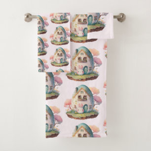 Cute Pink Bunny Rabbit Kawaii Style Pattern Bath Towel Set