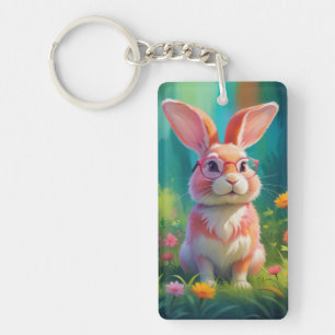 Cute Pink Bunny Sitting on Green Grass-47567 Keychain
