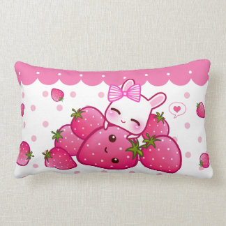 Cute pink bunny with kawaii strawberries lumbar pillow