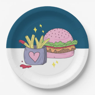 Cute Pink Burger and Fries Party Paper Plate