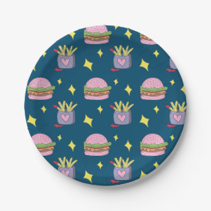 Cute Pink Burger and Fries Pattern Paper Plate