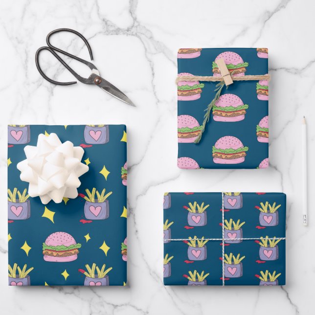 Cute Pink Burger and Fries Pattern Wrapping Paper  (Front)