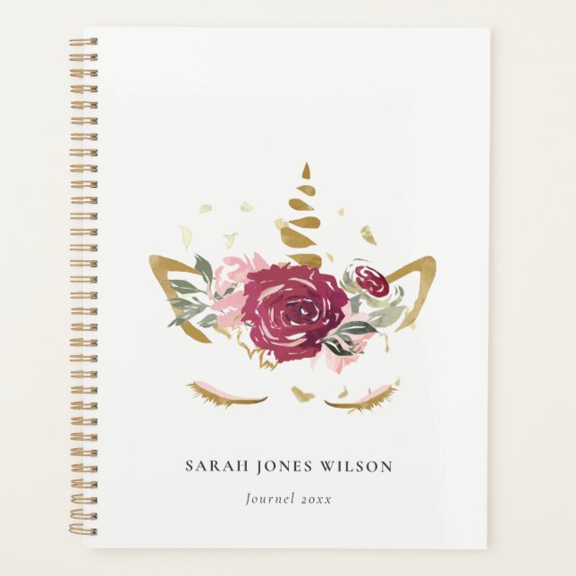 Cute Pink Burgundy Faux Gold Floral Unicorn Kids Planner (Front)