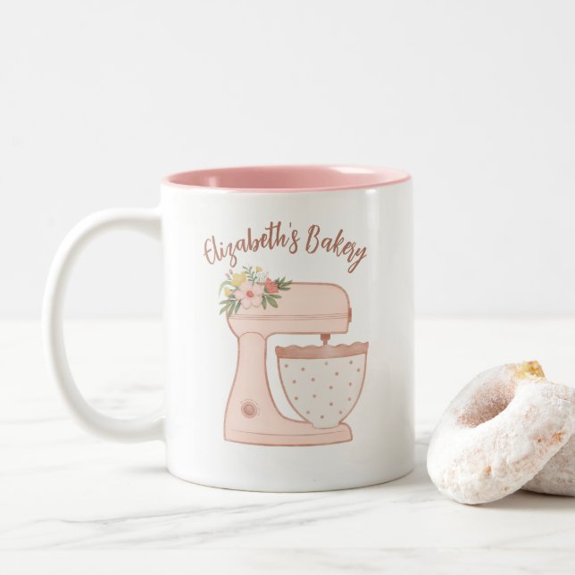 Cute Pink Business Bakery Mixer Two-Tone Coffee Mug (With Donut)