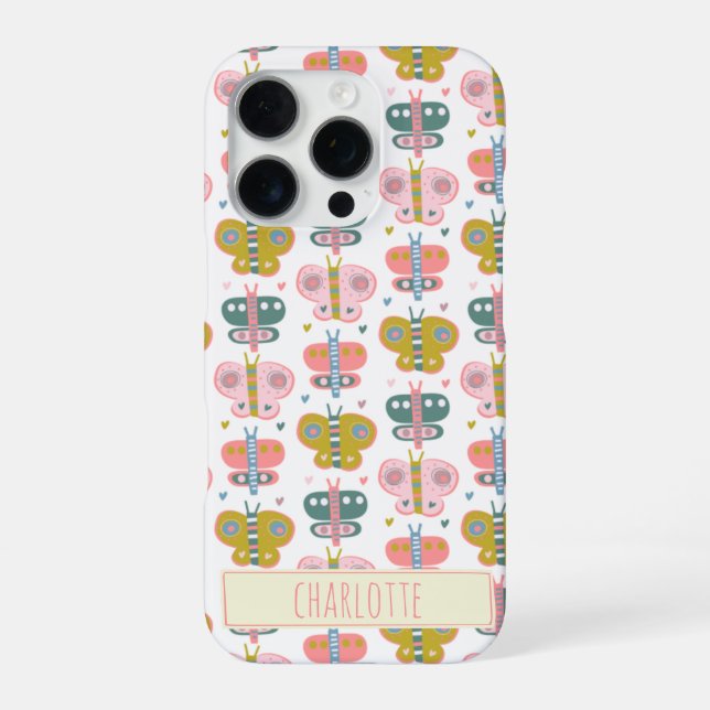 Cute Pink Butterflies Pattern Personalized Name iPhone Case (Back)
