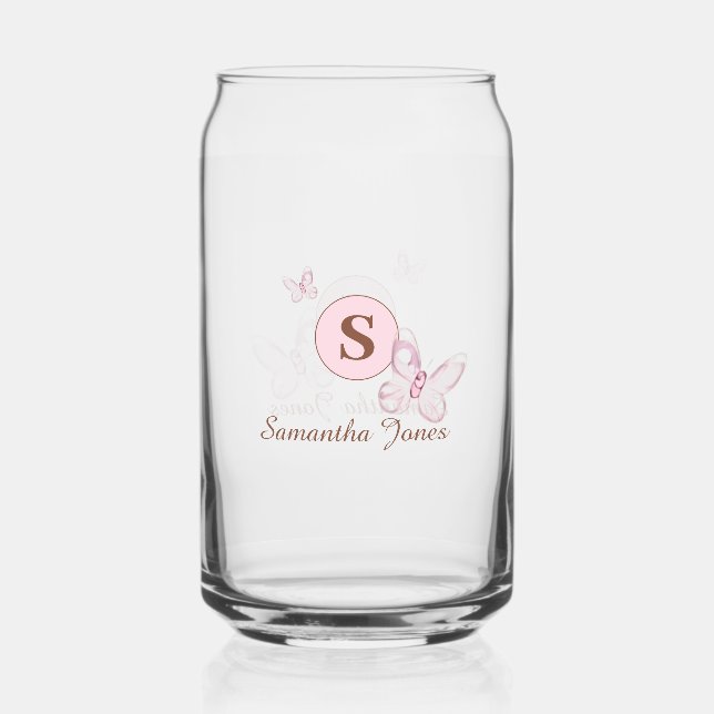 Cute Pink Butterflies Personalized Can Glass (Front)
