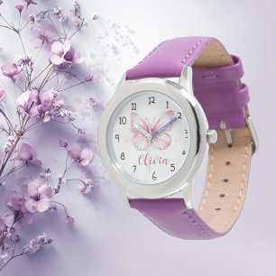 Cute Pink Butterfly Girls Personalised Watch