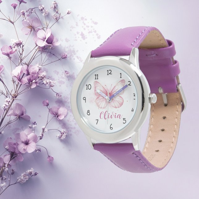 Cute Pink Butterfly Girls Personalized Watch (Creator Uploaded)