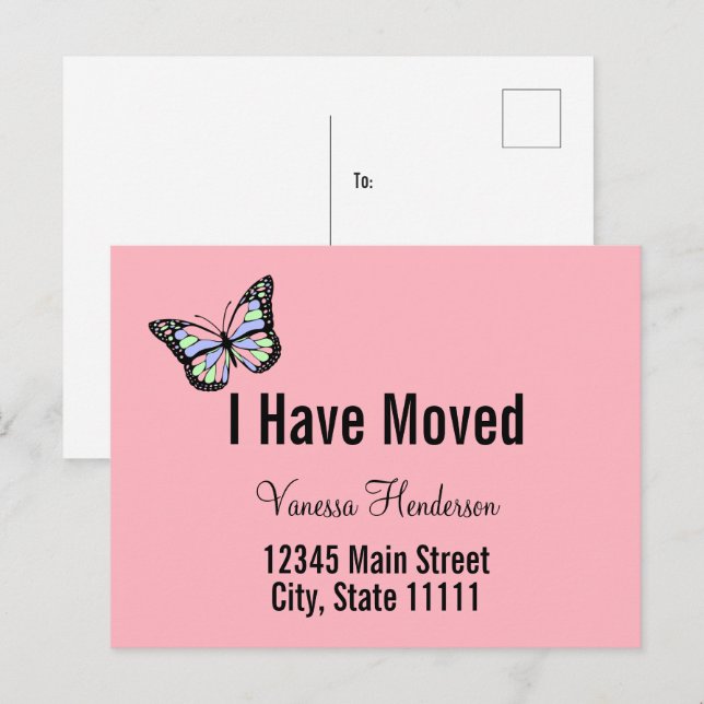 Cute Pink Butterfly Moving Announcement  Postcard (Front/Back)