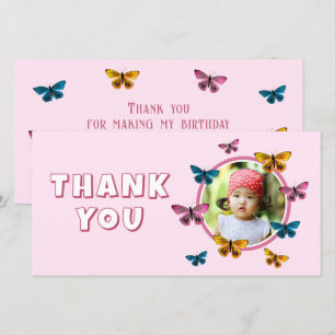 Cute Pink Butterfly Pattern Birthday Photo Thank You Card