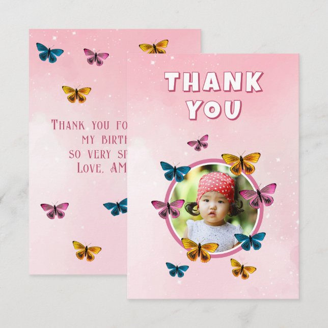 Cute Pink Butterfly Pattern Birthday Photo Thank You Card (Front/Back)