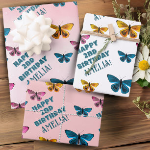 Cute Pink Butterfly Pattern Girl Birthday Wrapping Paper Sheet