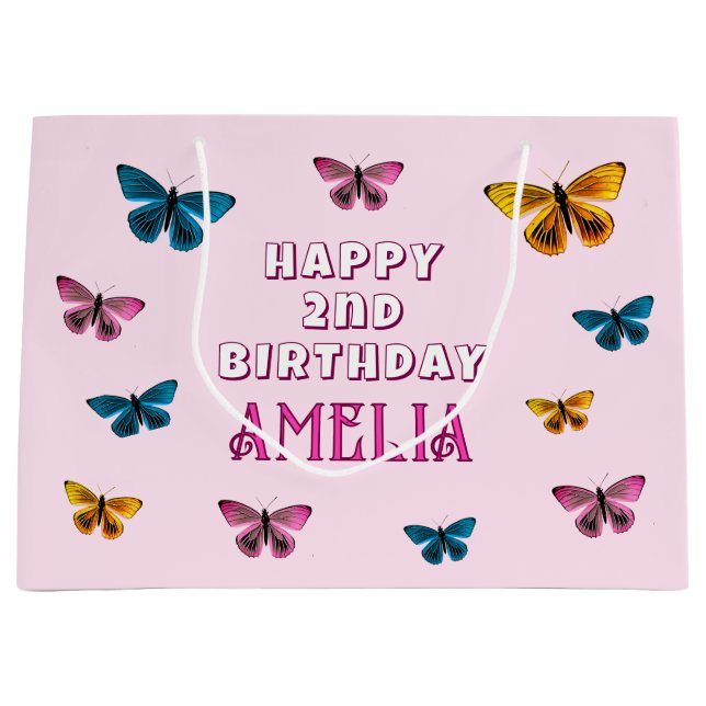 Cute Pink Butterfly Pattern Girl Happy Birthday Large Gift Bag (Front)