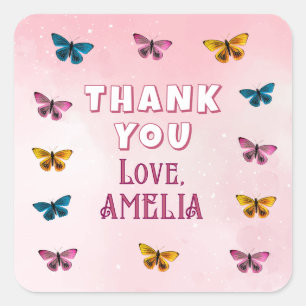 Cute Pink Butterfly Pattern Thank you Birthday Square Sticker