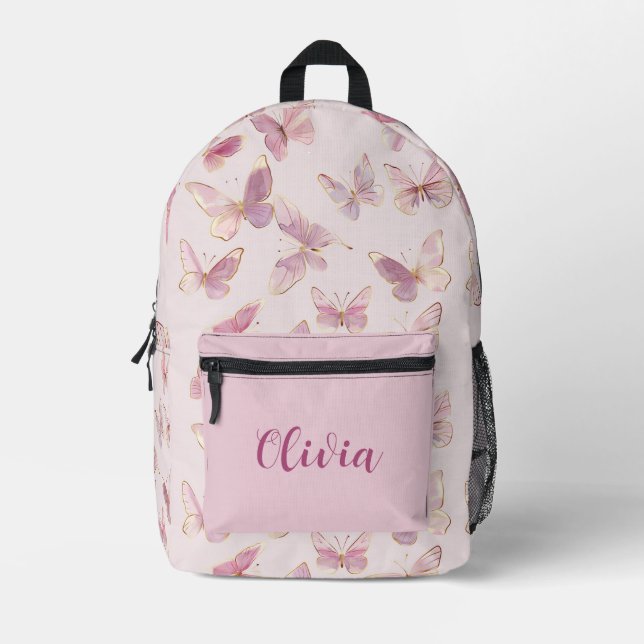 Cute Pink Butterfly Personalized Name Backpack (Front)