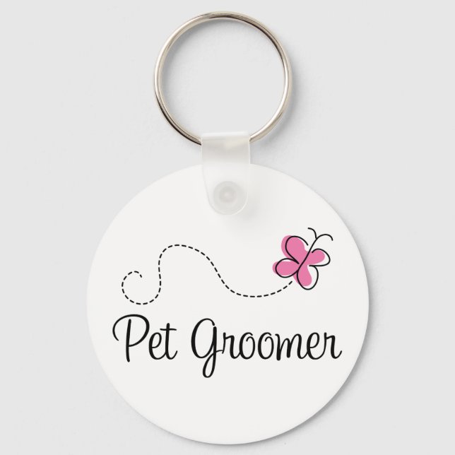 Cute Pink Butterfly Pet Groomer Keychain (Front)