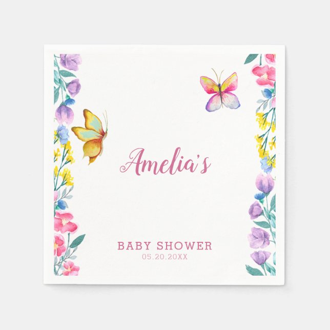 Cute Pink Butterfly Spring Baby Shower Napkin (Front)