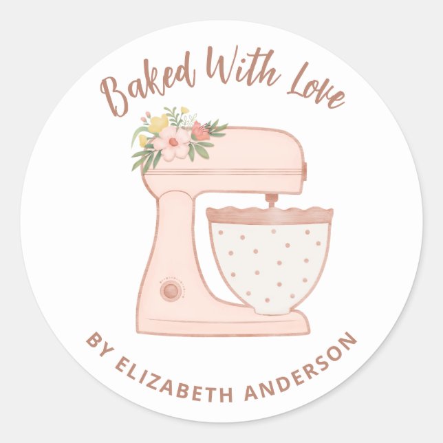 Cute Pink Cake Mixer Baked With Love Classic Round Sticker (Front)