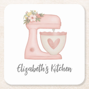 Cute Pink Cake Mixer Kitchen Square Paper Coaster