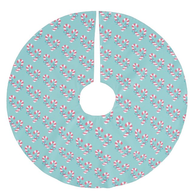 Cute Pink Candy Cane Pattern - Aqua Blue Christmas Brushed Polyester Tree Skirt (Front)