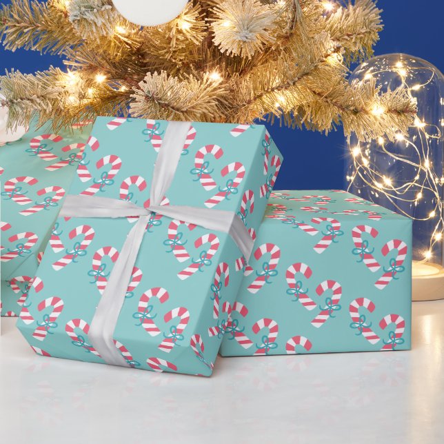 Cute Pink Candy Cane Pattern - Aqua Blue Christmas Wrapping Paper (Holidays)