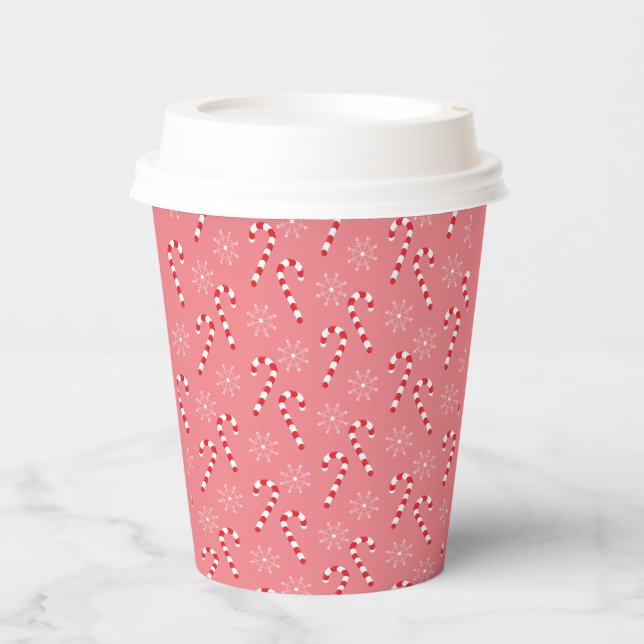 Cute Pink Candy Canes and Snowflakes Holiday Paper Cups (Front)